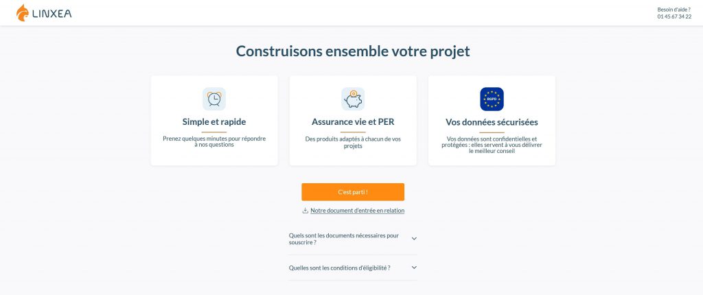 Aperçu du début du parcours de souscription chez linxea