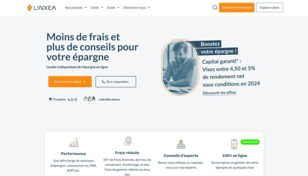 Aperçu de la page d'accueil du site internet du courtier en ligne Linxea