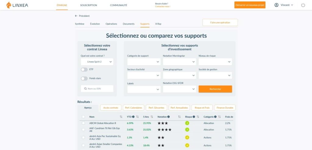 Interface de gestion des unités de compte sur Linxea Spirit 2.