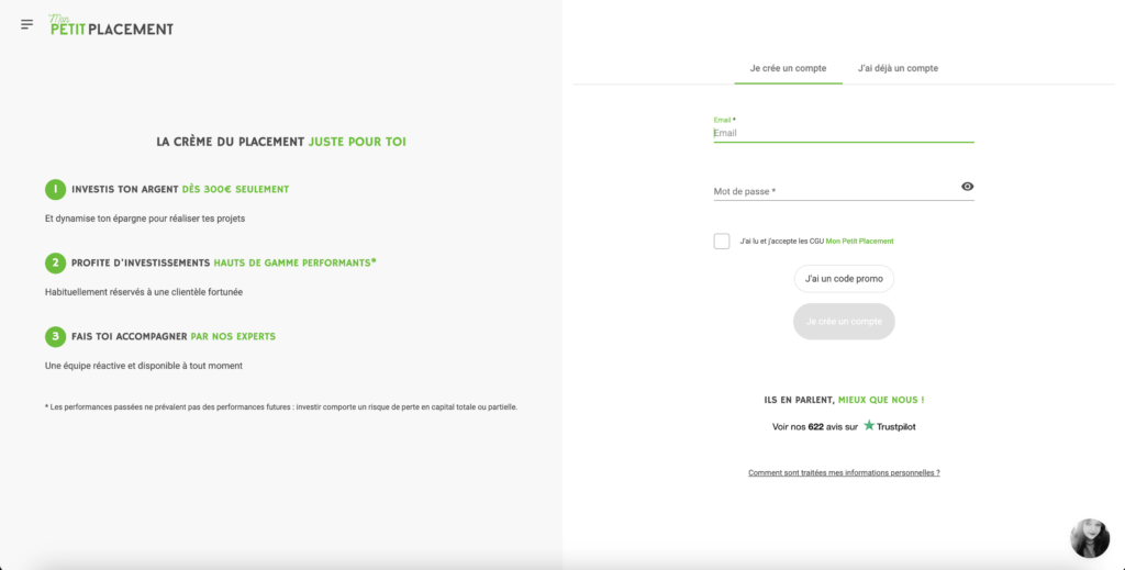 Première étape de l'inscription chez Mon Petit Placement