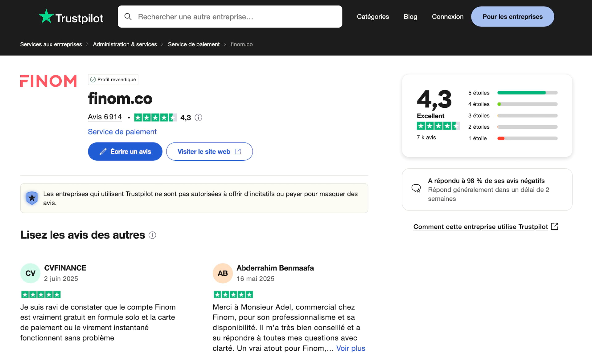 Fiche Trustpilot de Finom